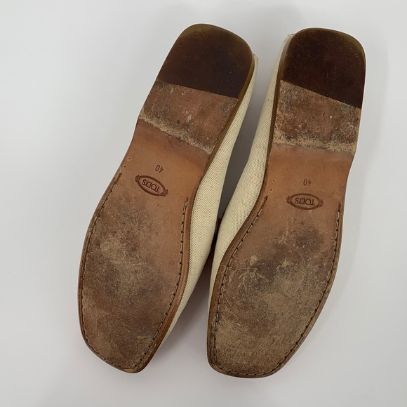 TODs driving loafers shoe flat canvas upper slip-on buckle tan cream Italy 40 9 - Picture 6 of 8